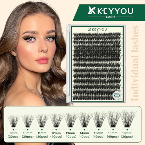 KEYYOULASH Lash Clusters 3D Effect Eyelash Clusters 280pcs 80D D Curl 9-18MIX Individual Lashes Natural Wispy Lashes Volume Cluster Eyelash Extensions Natural Soft DIY Lash Extension(80D£¬Zzlj-2)