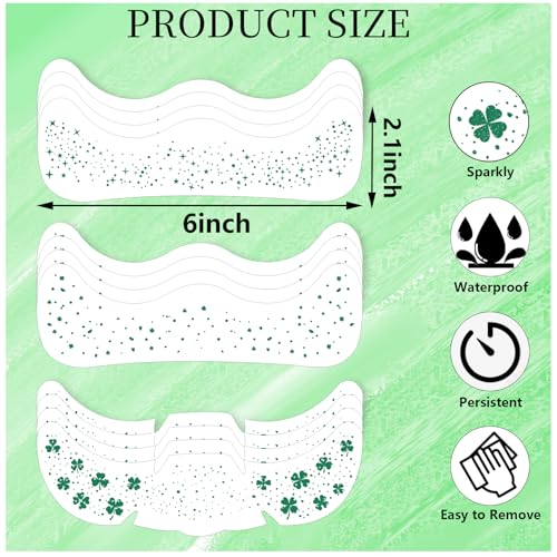 12 Sheets St Patricks Day Face Tattoos Stickers Glitter Green Shamrock Freckles Temporary Tattoo for Body Saint Patrick Day Clover Face Sparkle Makeup Accessories for Women Irish Party(face12)