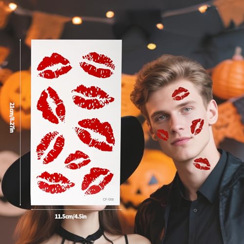 10 Sheets Red Lip Temporary Tattoo, Waterproof Red Lip Print Tattoo Stickers Self-Adhesive Kisses Decal for Face Body Birthday Bachelor Party Decorations