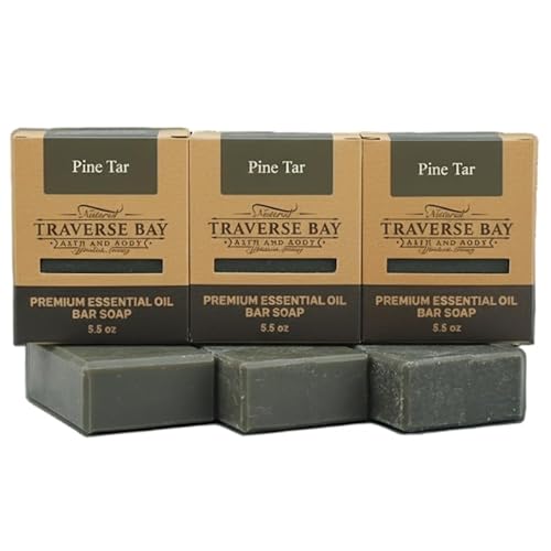 Traverse Bay Bath and Body Pine Tar Soap - Natural Cold Process Handmade Soap with Essential Oils - Pine Tar For Men With Activated Charcoal & Colloidal Oatmeal. Made in USA- 3 Bar Pack 15 + Oz