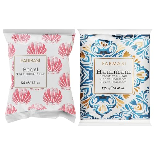 FARMASi Traditional Soap Bundle Pearl and Hammam, Powder Natural Bath Bars, 2-Pack Moisturizing Face and Body Cleansing Set for Men and Women, Non Toxic Vegan Skin Care, 4.41 oz Each