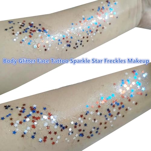 Go Ho 4th of July Outfits for Women&Kids Glitters Makeup,Red White and Blue Face Body Glitter,Fourth of July Accessories,Holographic Patriotic Chunky Glitter Freckles Star for Independence Day