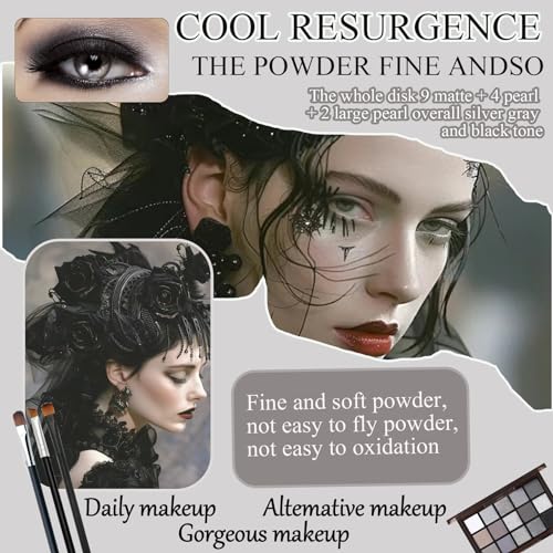 Black Grey Smoky Eyeshadow Palette,15 Colors Matte Shimmer Pigmented Eye Shadow Makeup Palette Set with 3 Eyeshadow Brushes,Glitter Eye Shadow Palette for Daily Halloween Goth Makeup(A)