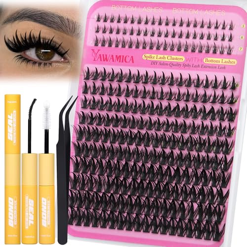 Yawamica Lash Clusters Kit Wispy Eyelash Clusters with Spikes and Bottom Lashes DIY Lash Extension Kit 10-18mm 100D Volume Individual Manga Lashes with 5-7mm Bottom Lash Clusters and Bond and Seal