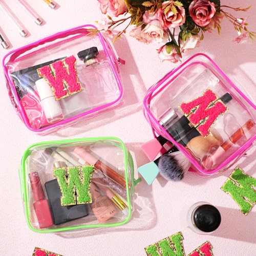 Eccliy 12 Pcs Pink Green Gift Bags Makeup Bag with Chenille Letter Patches Portable Travel Cosmetic Pouch with Zipper PVC Toiletry Bag for Witch Party Baby Shower, Birthday, Party Favor