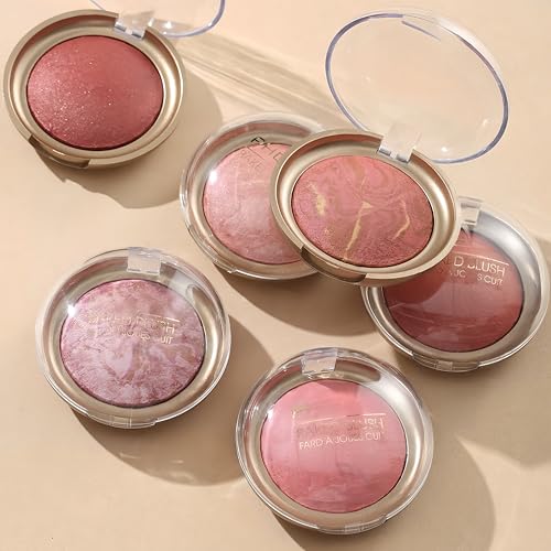 MAEPEOR Powder Baked Blush 6 Colors Natural Glow Marbleized Baked Powder Blush Lightweight Buildable Shimmer Blusher (03 ETHEREAL)
