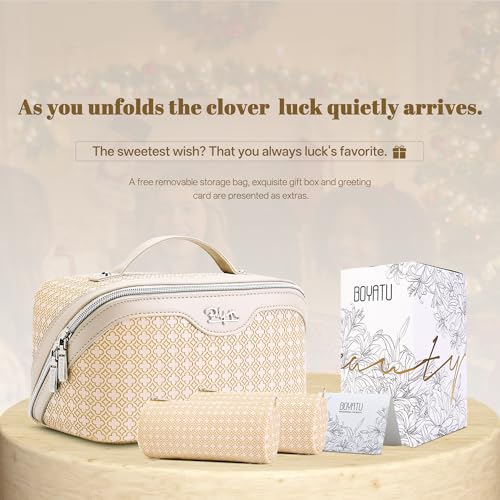 BOYATU Travel Makeup Bag for Women: Four Leaf Clover Large Capacity 3 Pcs Set Cosmetic Bags - Waterproof 50% Extra Space for Toiletry Organizer - Travel Essentials for Fortunate (08 Yellow)