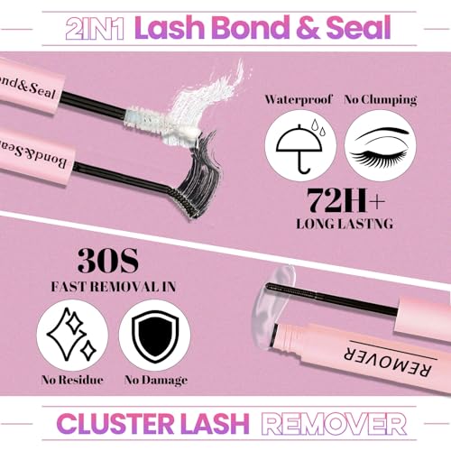 DIY Lash Clusters Kit with 630pcs Lashes Clusters,1X/2X Magnification Compact Mirror with Light,Lash Bond and Seal,Eyelash Remover Tweezers Applicator Mascara Brush(60-80-100-150D)