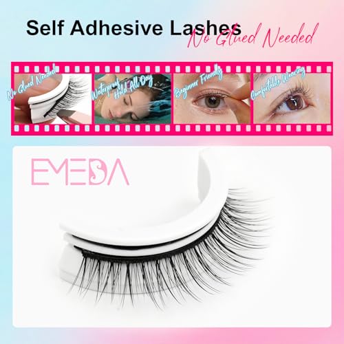 EMEDA Self Adhesive Eyelashes Natural Look No Glue Eyelashes 10mm Pre glued Waterproof Glueless No Glue Needed Reusable Stick on False Strip Lashes Easy for Beginner(L08 with Tweezers)