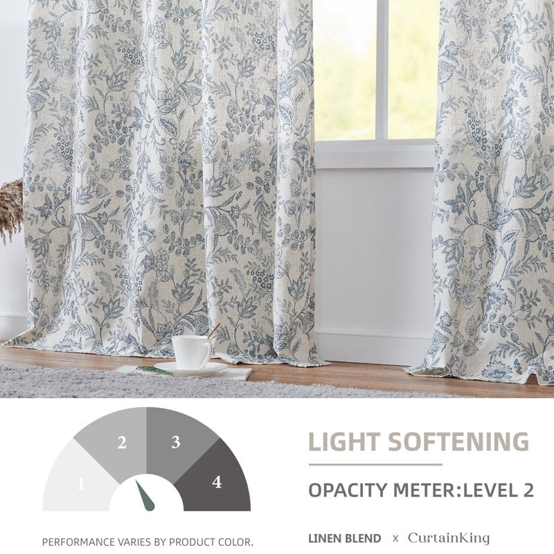 Farmhouse Floral Linen Curtains - Light Filtering Back Tab Window Drapes