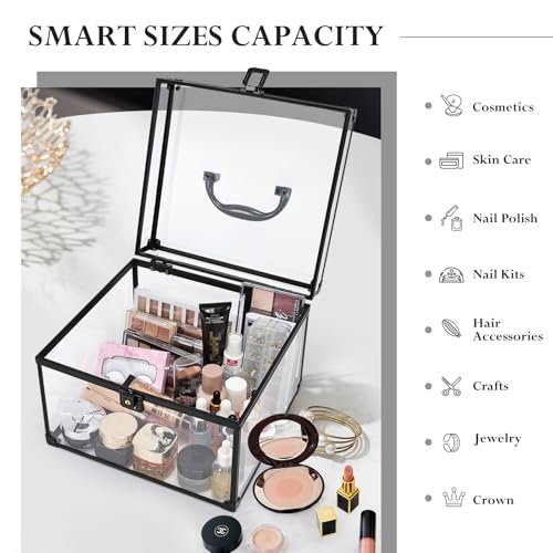 FRENESSA Portable Makeup Case Large Clear Crown Box Cosmetics Display Case Toiletry Organizer Box Transparent Acrylic Artists Train Case Travel Makeup Tools Storage for Vanity Counter Dresser Case