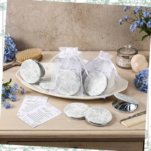 24 Sets Green Floral Bridal Shower Favors for Guest Flower Folding Leather Compact Makeup Mirror Bulk Thank You Cards with Organza Bags for Bridesmaid Souvenir Gift Wedding Party