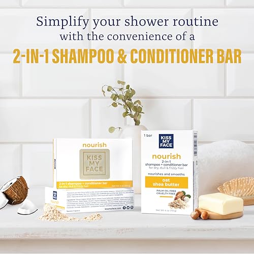 Kiss My Face Nourish 2-in-1 Shampoo and Conditioner Bar, With Oat and Shea Butter, Nourishes and Smooths, For Dry, Dull and Frizzy Hair, Cruelty Free and Palm Oil Free, Pack of 3