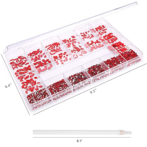 Nibiru 3830Pcs Red Multi Shapes Rhinestones Glass Diamonds Kit for Nail Art Jewels Decoration, Shiny Flatback Mix Size with Wax Pen