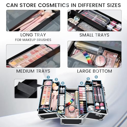 FRENESSA Makeup Train Case Makeup Case 12.6 Inch Large Cosmetic Box Organizer Travel Storage Professional Make Up Train Carrying Case with 6 Trays Locking Shoulder Strap Hard Vanity Storage Black