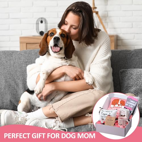 9 Pcs Dog Lover Mom Gifts for Women Novelty Fleece Blanket Blanket Socks Mug Cosmetic Bag Keychain Bracelet Cards Mother's Day Idea Gifts Box Set for Mom Birthday Basket Valentine's Day