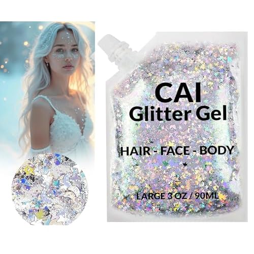 Face, Body & Hair Glitter Gel ? Rave Glitter for Kids and Women ? 3 Oz Cosmetic-Grade Gel w/Moon & Stars for Festivals & Halloween Party, Easy Apply & Wash Off - Silver 1Pack