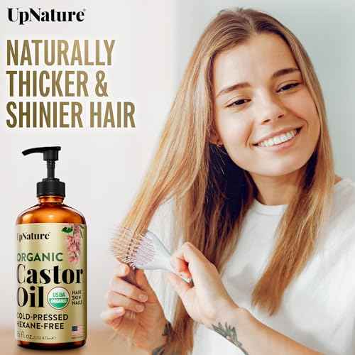 UpNature Organic Castor Oil in Glass Bottle (16 oz) 100% Pure Cold Pressed Unrefined Castor Oil for Hair Skin Face (Hexane Free)