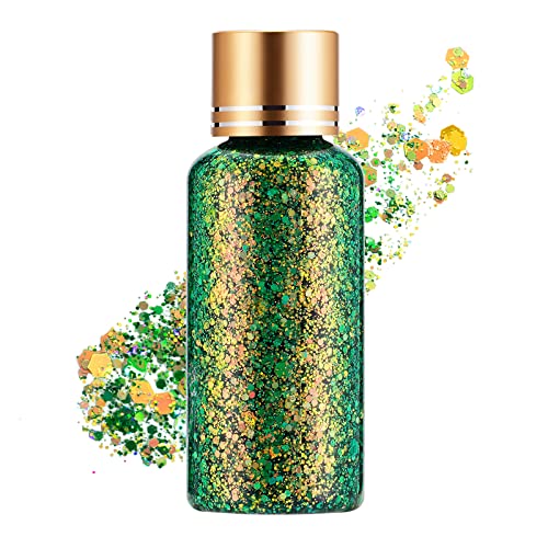 Green Gold Face Body Hair Glitter Gel for St. Patrick's Day Mardi Gras Festival Rave Accessories, Long Lasting Holographic Chunky Mermaid Sequins Glitter Gel Makeup for Women Men, 1oz