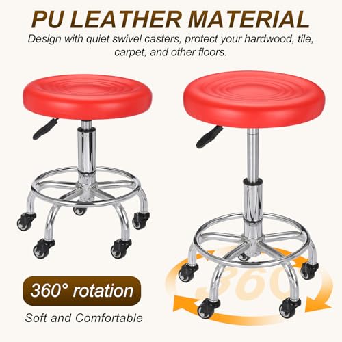 PATIKIL Adjustable Height Rolling Stool with Wheels, PU Leather Round Rolling Desk Stool for Tattoo Massage Salon Spa Salon Teach Facial Office, Red