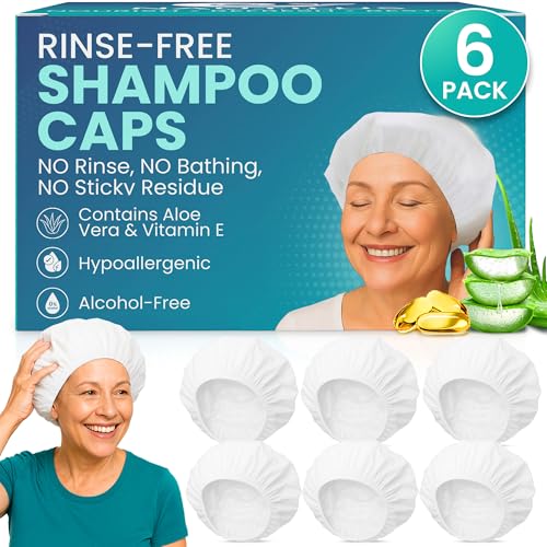 No-Rinse Shampoo & Conditioner Shower Cap, Waterless Hair Washing for Elderly, Bedridden, Hassle-Free Microwavable Hair Washing Cap infused with Aloe & Vitamin E ? 6-Pack