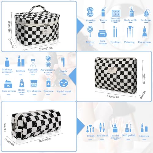 Makeup Bag Set, Quilted Makeup Bag, Large Floral Cosmetic Bag for Women, Cute Cotton Makeup Bags, Flower Travel Toiletry Organizer Bag (Black Checkered)