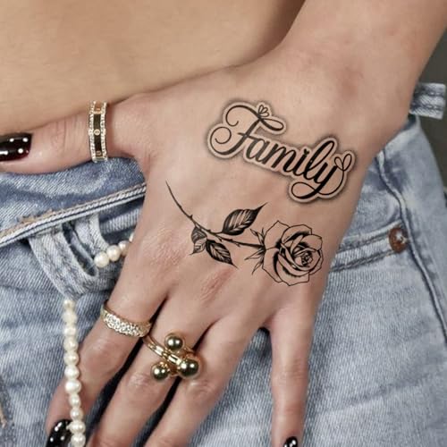 Semi Permanent Tattoo, 2 Sheets Realistic Temporary Hand Tattoos for Women, Lasts 2 Weeks Fake Tattoos for Hand Wrist, Waterproof Non-Reflective, Cross Rose & Rose Quotes Tattoos