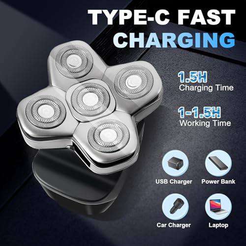 Head Shavers for Bald Men - 5-in-1 Bald Head Shaver, Ipx7 Waterproof Men's Rotary Shavers, Double-Ring Electric Razor for Men, with Led Smart Display,Wet/Dry Shaving for Head Face Beard Nose