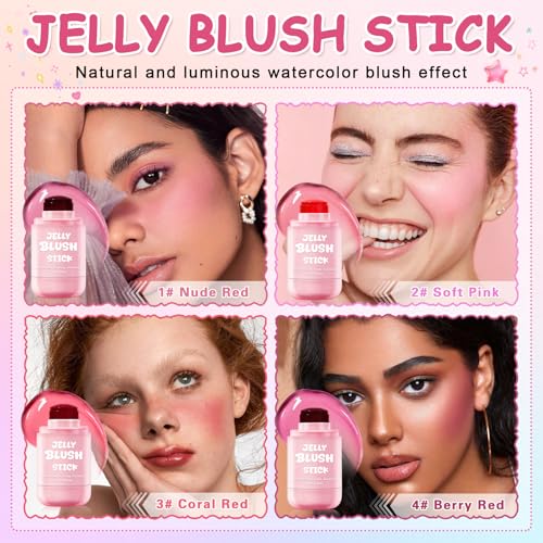 2PCS Jelly Blush Stick for Cheeks,Multi-use Cooling Water Jelly Lip and Cheek Tint Stain,Moisturizing,Cruelty-Free,Lightweight,Sheer & Buildable Lip Tint + Blush£¨02 Soft Pink + 04 Berry Red£©