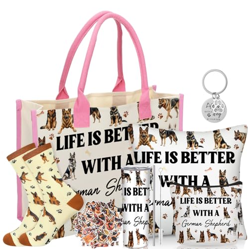 Patelai 56 Pcs Valentine German Shepherd Gift for Women German Shepherd Dog Lover Gift 20oz Stainless Tumbler Tote Bag Cosmetic Bag Sock Pillow Cover Keychain Sticker for Dog Mom Birthday Party Favor
