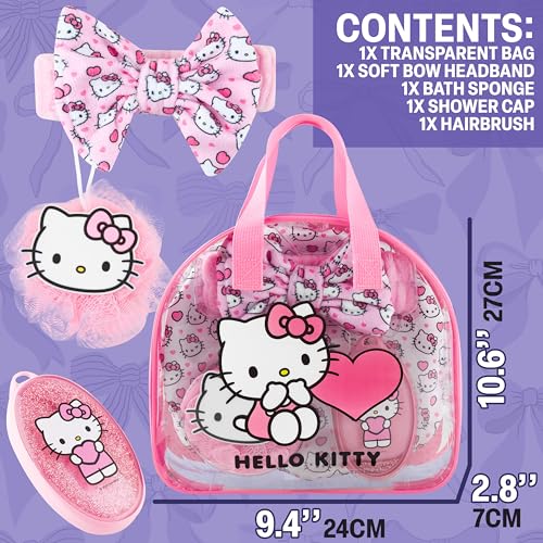 Hello Kitty Sanrio Shower Accessories Set, Kawaii Toiletry Bag with Shower Cap Headband Bath Sponge, Gifts for Girls, Teens, Women (Pink Hello Kitty)