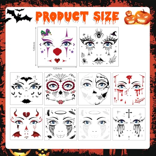 HOWAF Halloween Full Face Tattoos Stickers,Halloween Clown Costume Face Art Temporary Tattoos with Clown Face Spider Webs, Bats, Skeletons for Horror Party Decor, Halloween Black Red Face Tattoos