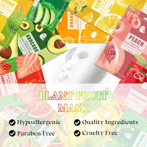 10PCS Hydrating Face Masks,Moisturizing Facial Masks for Women and Men,Fruit Overnight Facial Sheet Mask,Lightweight and Non-greasy Face Sheet Mask for All Skin Type 11