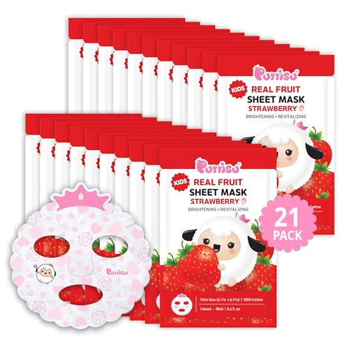 Puttisu Real Fruit Facial Mask Sheet for Kids, Children - Made with 100% Cotton, Moisturize, Sooths and Hydrates Skin (Strawberry- Pack of 21)