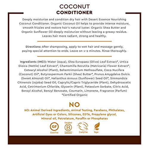 Desert Essence Coconut Conditioner - 8 fl oz - Nourishing for dry hair, smooth frizz and restore moisture and shine with Organic Coconut Oil, Shea Butter, and Sunflower Oil