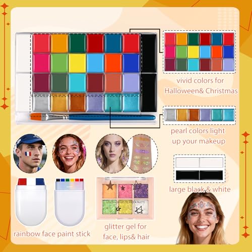 Face Painting Kit for kids, 28 Colors Oil Palette Professional Face Body Paint Kit with 10 pcs brushes, 41 stencils, 10 sponges, 6 Glitter Gel, 2 Facepaint Stick for Adults Halloween Christmas