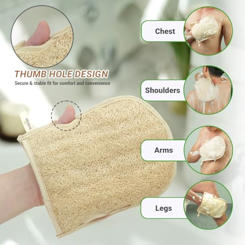 Premium Vietnamese Natural Loofah Gloves ? Exfoliating Body Scrubber Mitts with Thumb Holes, Easy Grip Design, for Men & Women, Shower & Bath (Pack of 2)