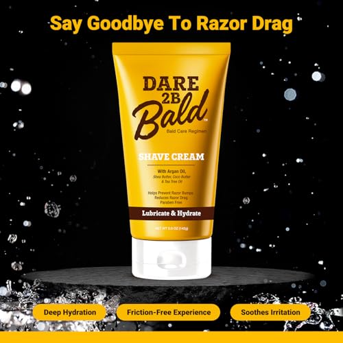 Dare 2B Bald Shaving Cream Sensitive Skin for Men | Natural Shaving Cream with Argan Oil, Shea Butter, Cocoa Butter & Tea Tree Oil | Bald Head Shave Lotion | Rich Hydration and Moisture - 5.0 OZ