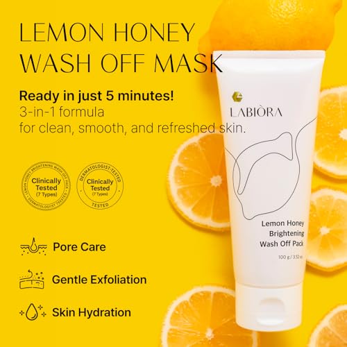Lemon Honey Face Mask Wash-Off Pack & Scrub ? 5-Minute, Exfoliating, Hydrating, Gentle for Sensitive Skin, with Manuka Honey & Lemon Extract, 3.52 oz (100 g)