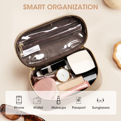Kattee Makeup Bag for Women, Leather Cosmetic Bag, Working Makeup Bags for Ladies with Handles, Portable Travel Toiletry Bag,Apricot