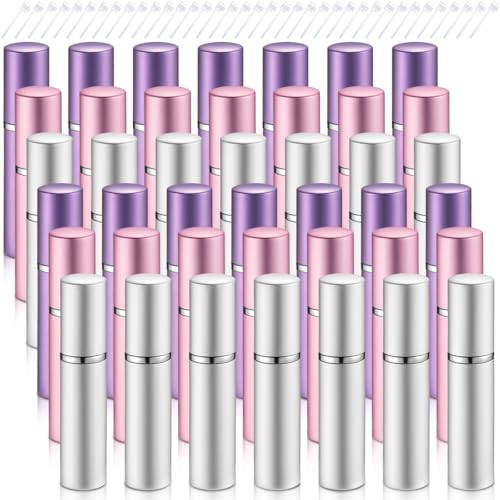 Zonon 56 Pieces 5ml Refillable Perfume Atomizer Mini Refillable Spray Perfume Bottle Portable with 56 Pieces Refill Pump Dispenser Pump Transfer Tool for Outgoing Valentine's Day(Purple, Pink, Silver)