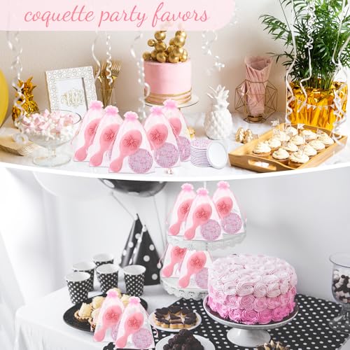 36 Set Coquette Party Favors for Women Pink Bow Coquette Mirrors with Mini Hair Brush and Organza Bag Inspirational Aesthetic Preppy Favors for Slumber Birthday Bow Themed Party Supplie