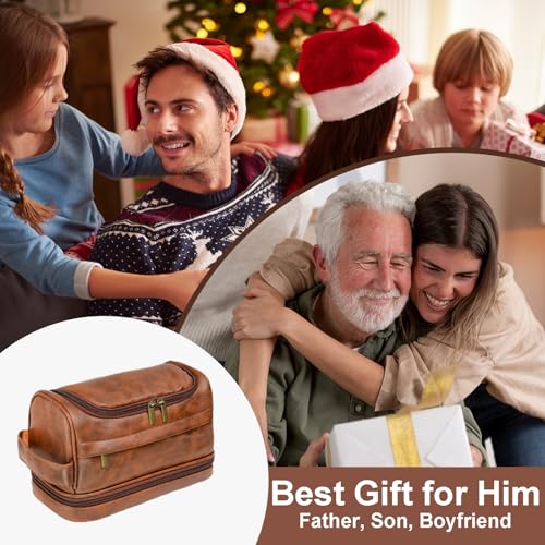 Toiletry Bag for Men, Large Leather Travel Essentials Shaving Kit, Water Resistant Bathroom Toiletries Organizer Cosmetic Bags, Gifts for Men, Him, Father, Dad, Husband, Son, Boyfriend, Grandpa
