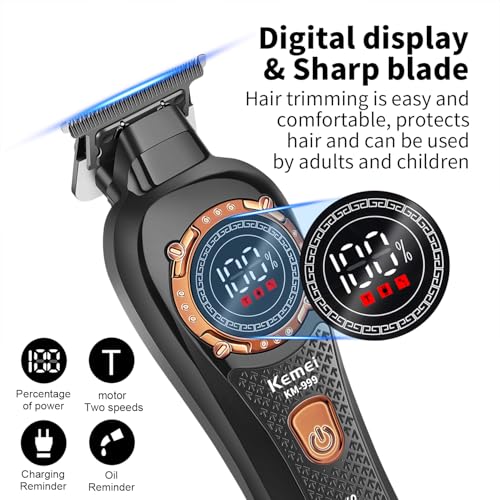KEMEI 999 Professional Hair Clipper for Men, Cordless Electric Beard Trimmer Men, Zero Gapped T-Blade Hair Trimmer with LCD Display and 3 Guide Combs