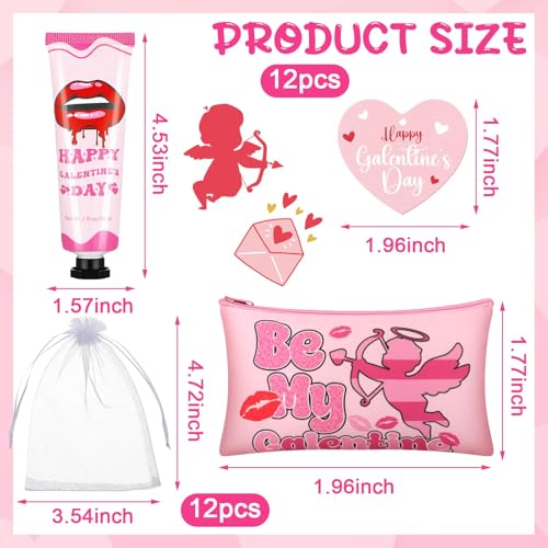 12 Sets / 72 Pcs Valentine's Galentine's Day Gifts Travel Size Hand Cream for Dry Cracked Hands and Lip Balm, Makeup Bag, Hair Scrunchies Bulk Set with Organza Bag Heart Gift Card for Women