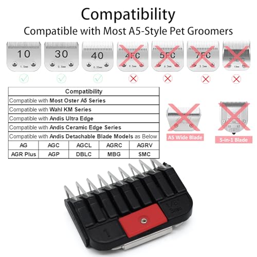 Professional Animal Stainless Steel Attachment Guide Guard Combs for A5 Style Detachable Blade Pet Groomers, 1/8"-1" Compatible with Wahl KM Series Andis AG BG Oster A5 A6 Animal Clippers (#1-1/8")