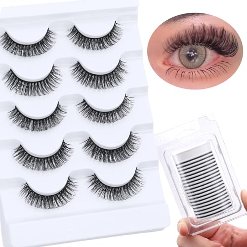 DSLONG 5 Pairs Natural Look D Curl Eyelashes With 18PCS Self Adhesive Eyelashes Strips, Manga Lashes Fluffy Cat Eye Lashes Looks Like Eyelash Extensions (D Curl)