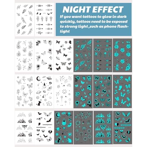 Glow In The Dark Butterfly Nail Temporary Tattoos for Women Girls Adult, Luminous Flower Butterflies Wings Fake Black Tattoo Stickers Art Makeup Waterproof for Face Body Arm Party Favors