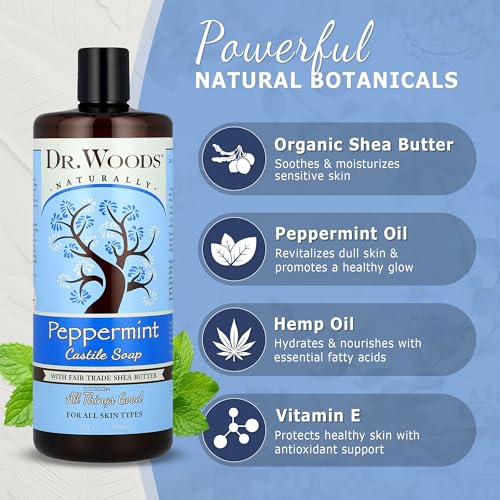 Dr. Woods Peppermint Liquid Castile Soap- Castile Soap with Pure Peppermint Oil, Body Wash for Men and Women, Organic Shea Butter, Natural Cleaner for Face, Hands, and Body - 32 Fl Oz, Pack of 3