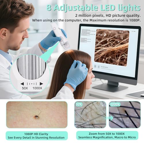 At-Home Skin & Scalp Analyzer - 2MP 1000X Wireless HD Microscope to Inspect Pores, Wrinkles & Hair Follicles, Connect to Your Phone or PC, Personal Beauty Magnifier for Home & Salon Use